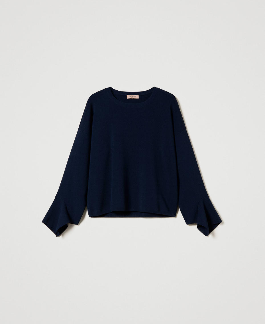 Crew neck jumper with ruffles Indigo Woman 242TP3332_00384_S0