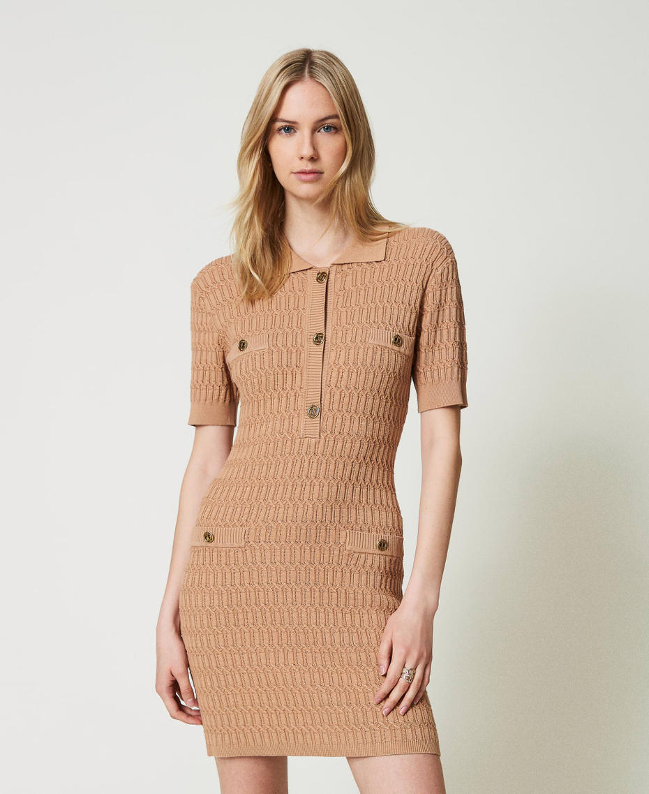 Short fitted knit dress with buttons Sandy Brown Woman 242TP3343_11754_01