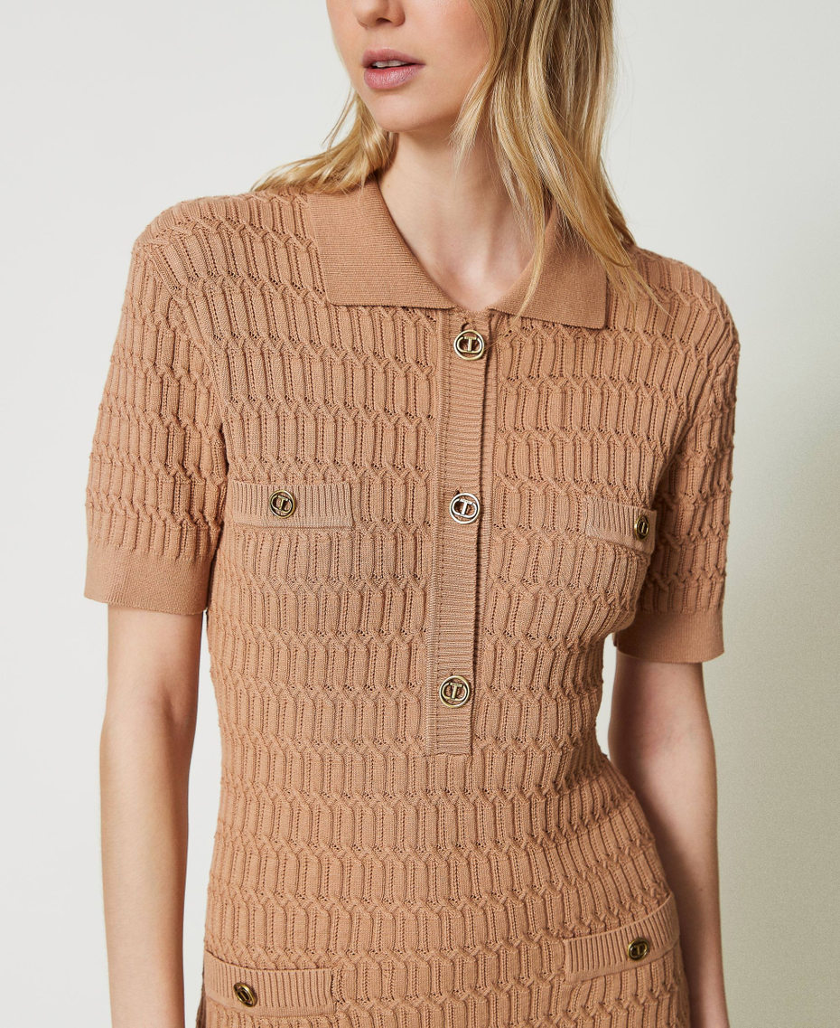 Short fitted knit dress with buttons Sandy Brown Woman 242TP3343_11754_04