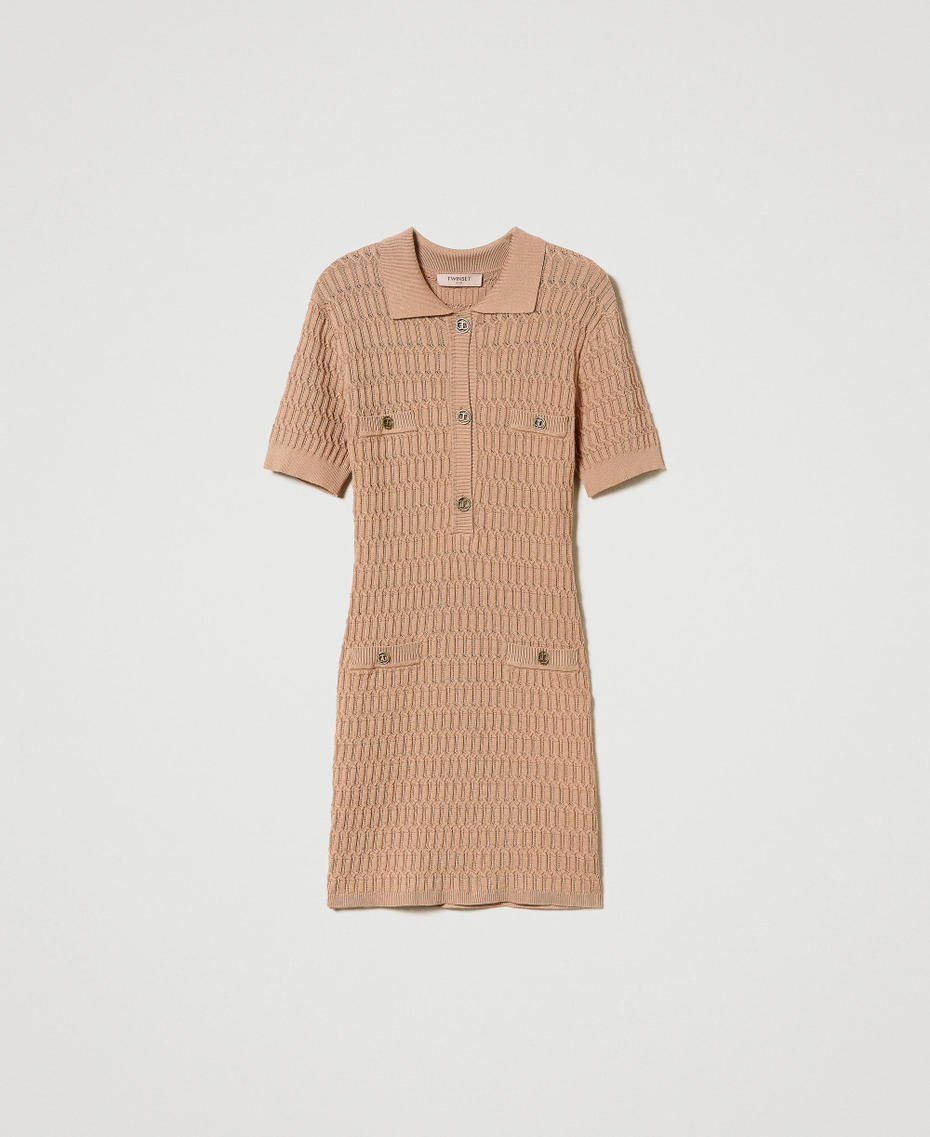 Short fitted knit dress with buttons Sandy Brown Woman 242TP3343_11754_S0