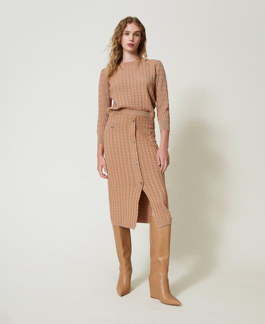 Midi fitted knit skirt with buttons Sandy Brown Woman 242TP3344_11754_01