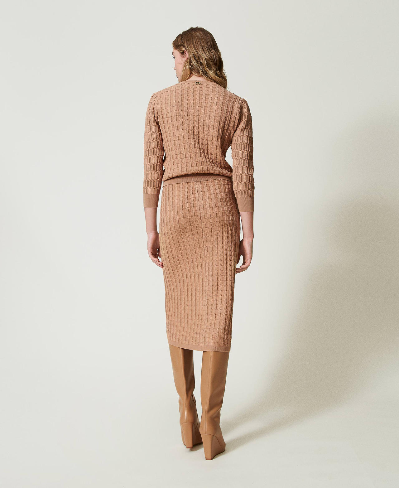 Midi fitted knit skirt with buttons Sandy Brown Woman 242TP3344_11754_03