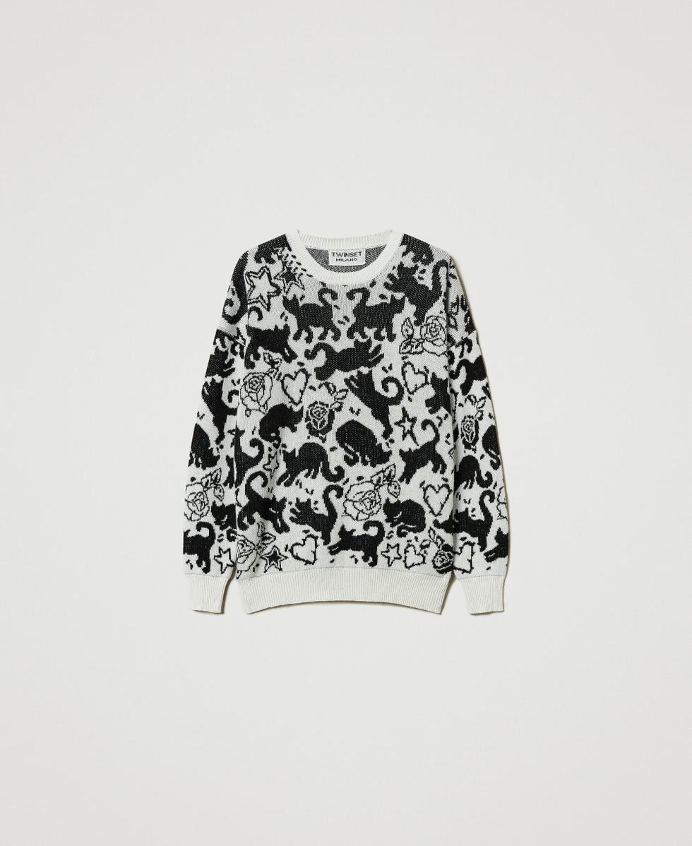 Pull jacquard en fil Treeblend Jacquard Chats Neige/Noir Femme 242TP3400_11885_S0
