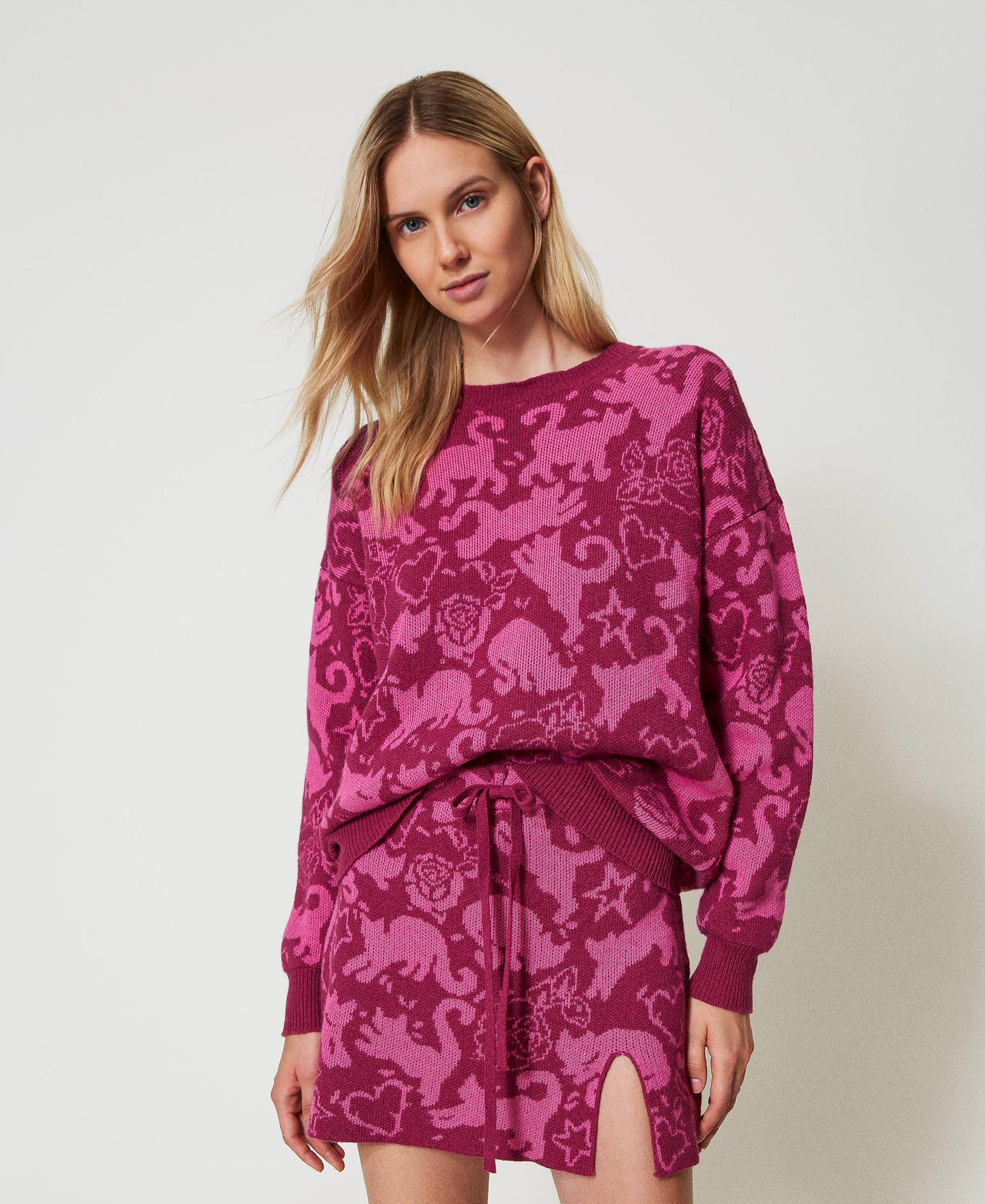 Treeblend yarn jacquard jumper Raspberry Radiance / Cone Flower Jacquard Cats Woman 242TP3400_11886_01
