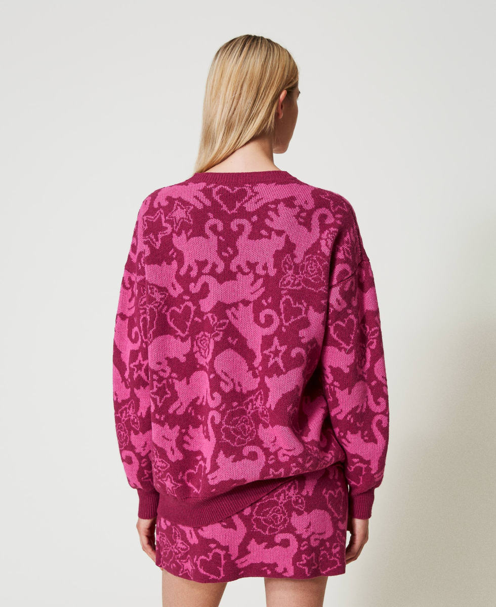 Pull jacquard en fil Treeblend Jacquard Chats Raspberry Radiance/Cone Flower Femme 242TP3400_11886_03