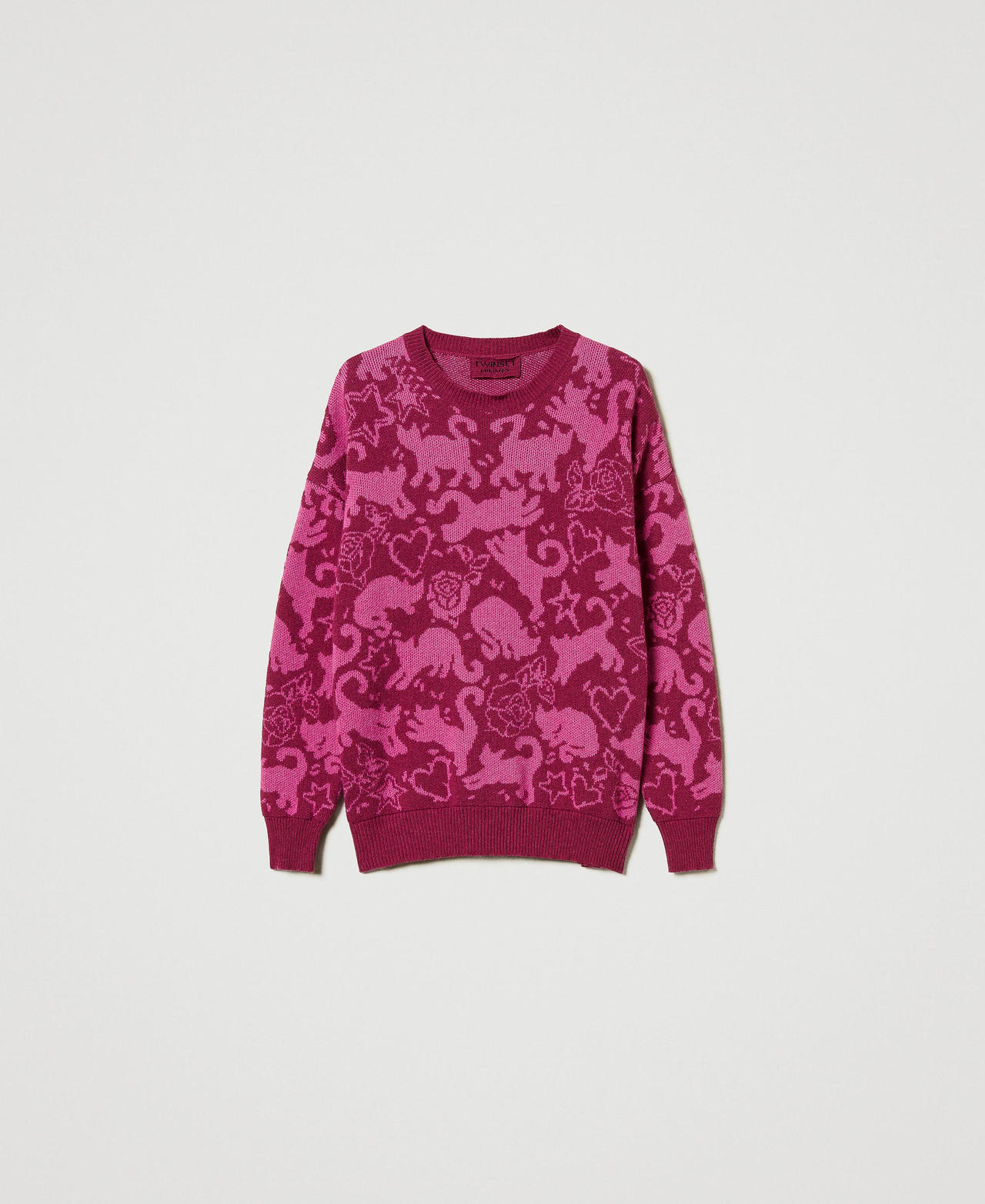 Treeblend yarn jacquard jumper Raspberry Radiance / Cone Flower Jacquard Cats Woman 242TP3400_11886_0S