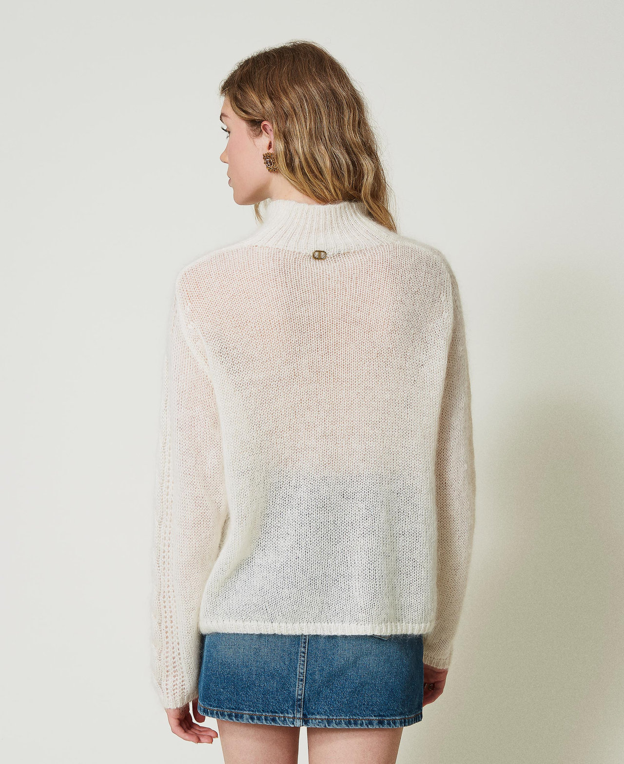 Wool and mohair turtleneck jumper with lace Woman, White Wool and mohair turtleneck jumper with lace Woman, White