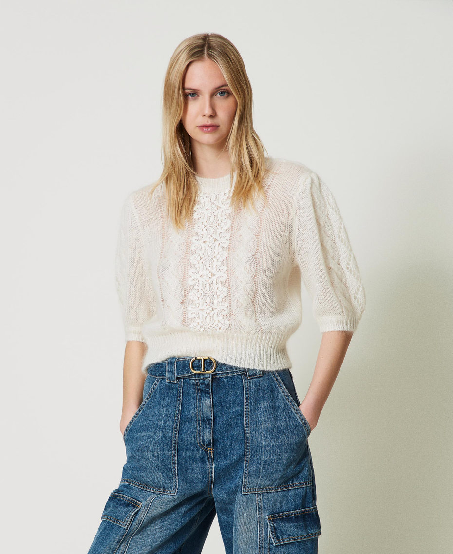 Pull en laine et mohair avec dentelle Blanc Neige Femme 242TP3423_00282_01