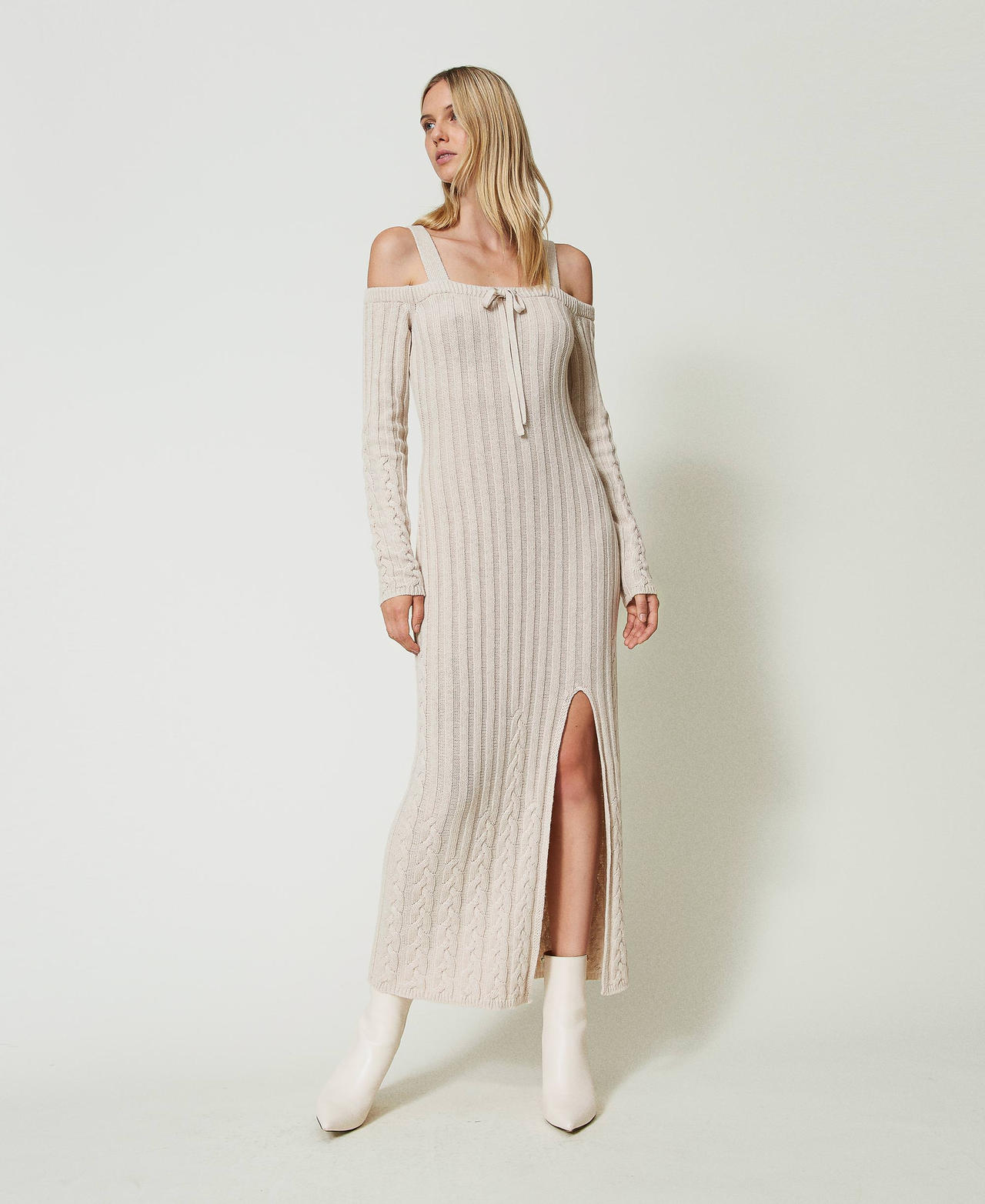 Abito lungo in filato Treeblend con trecce Cappuccino Donna 242TP3430_00086_02