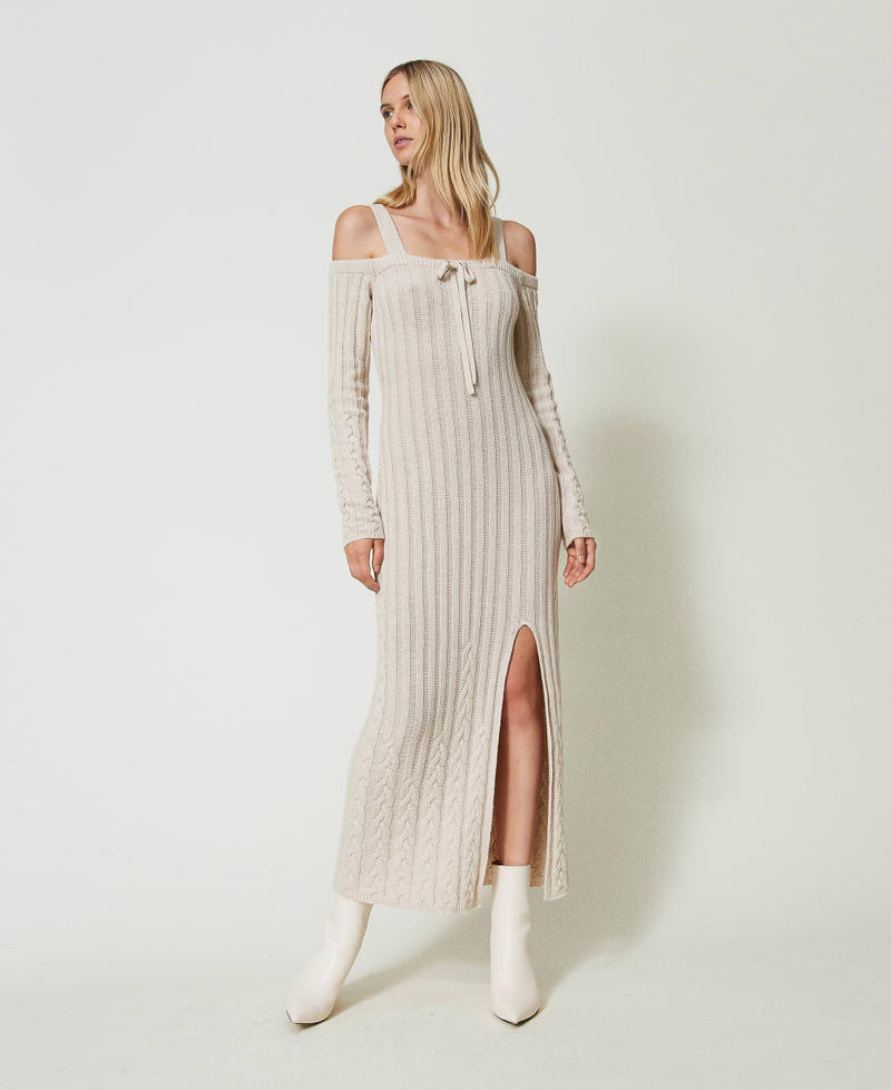 Treeblend yarn long dress with cable knit pattern Cappuccino Woman 242TP3430_00086_02