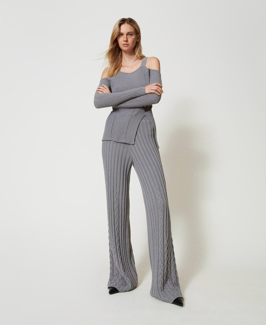 Treeblend yarn flared trousers with cable knit pattern Light Fume Grey Woman 242TP3432_11740_01