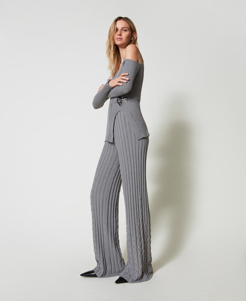 Treeblend yarn flared trousers with cable knit pattern Light Fume Grey Woman 242TP3432_11740_02