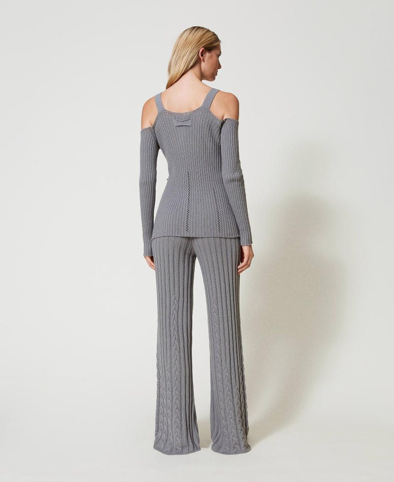 Treeblend yarn flared trousers with cable knit pattern Light Fume Grey Woman 242TP3432_11740_03