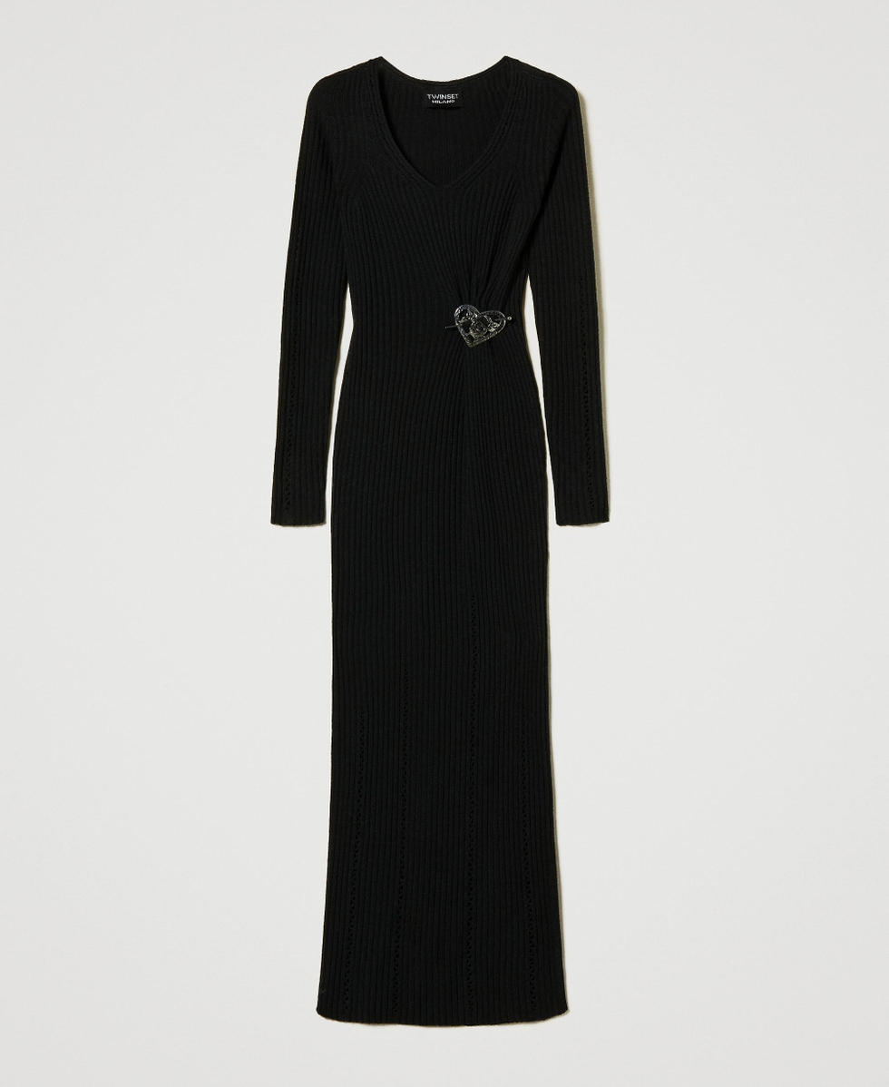 Maxikleid aus Treeblend-Garn mit Brosche Schwarz Frau 242TP3440_00006_S0
