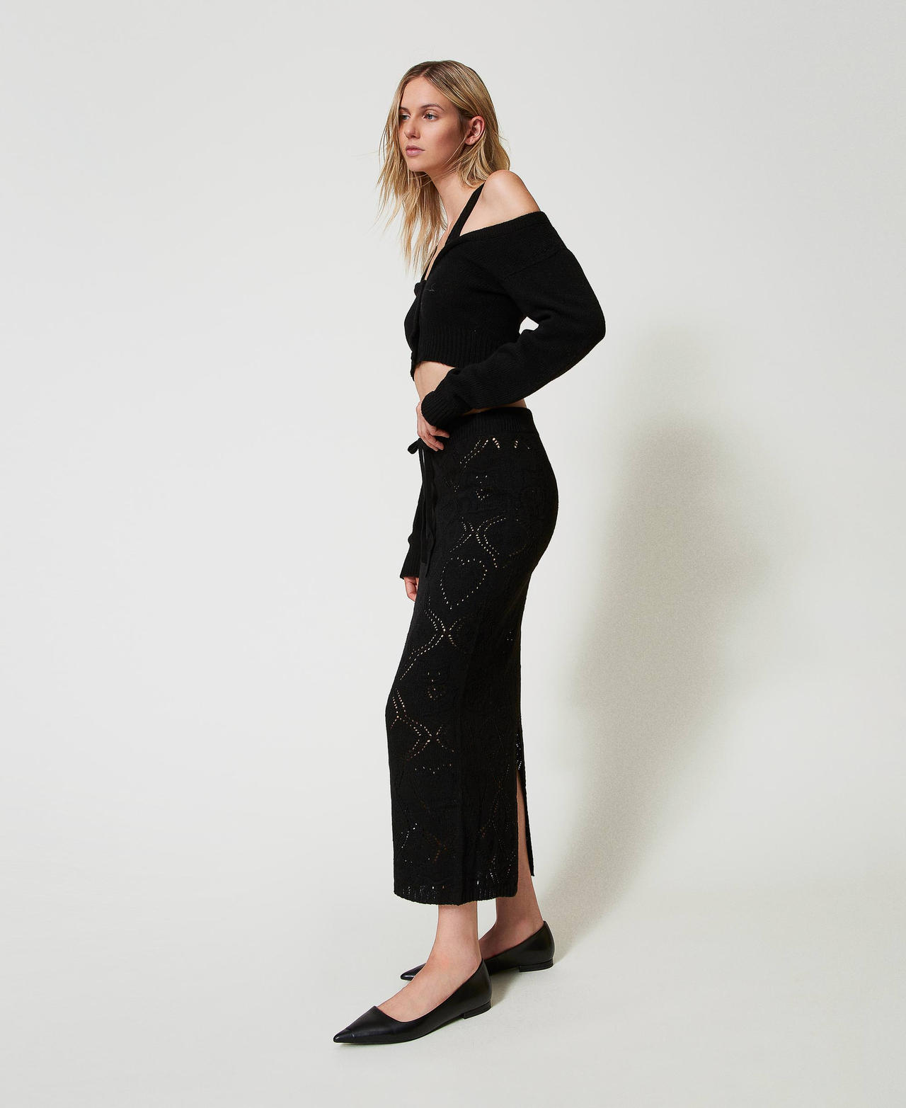 Gonna lunga seamless in filato Treeblend Nero Donna 242TP3453_00006_02