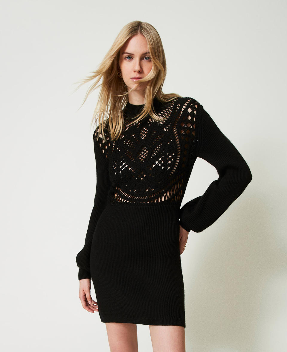 Twin Set Abito corto in maglia misto lana crochet