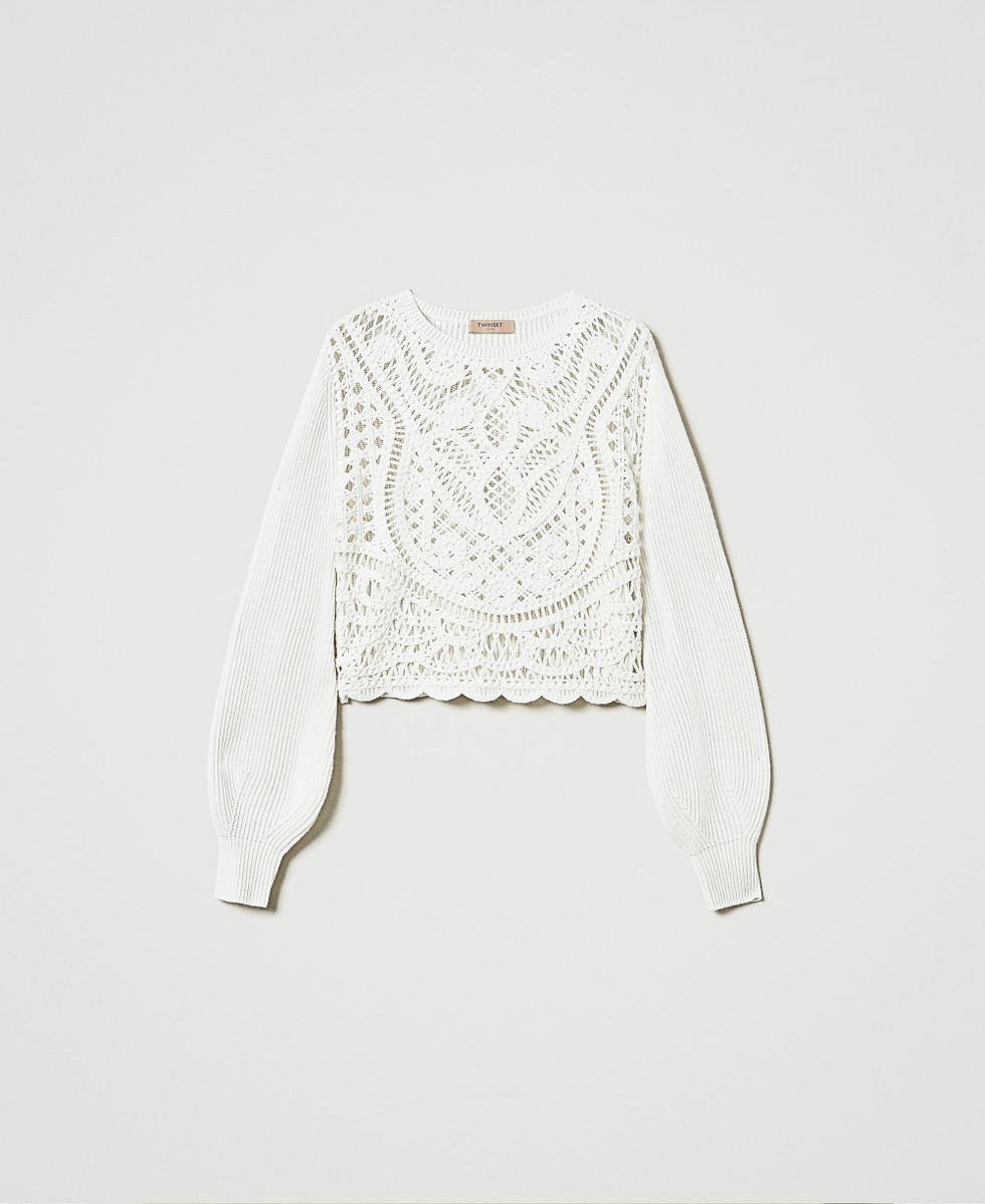 Pullover aus Wollmischung mit H&auml;kelarbeit Wei&szlig; Schnee Frau 242TP3471_00282_S0