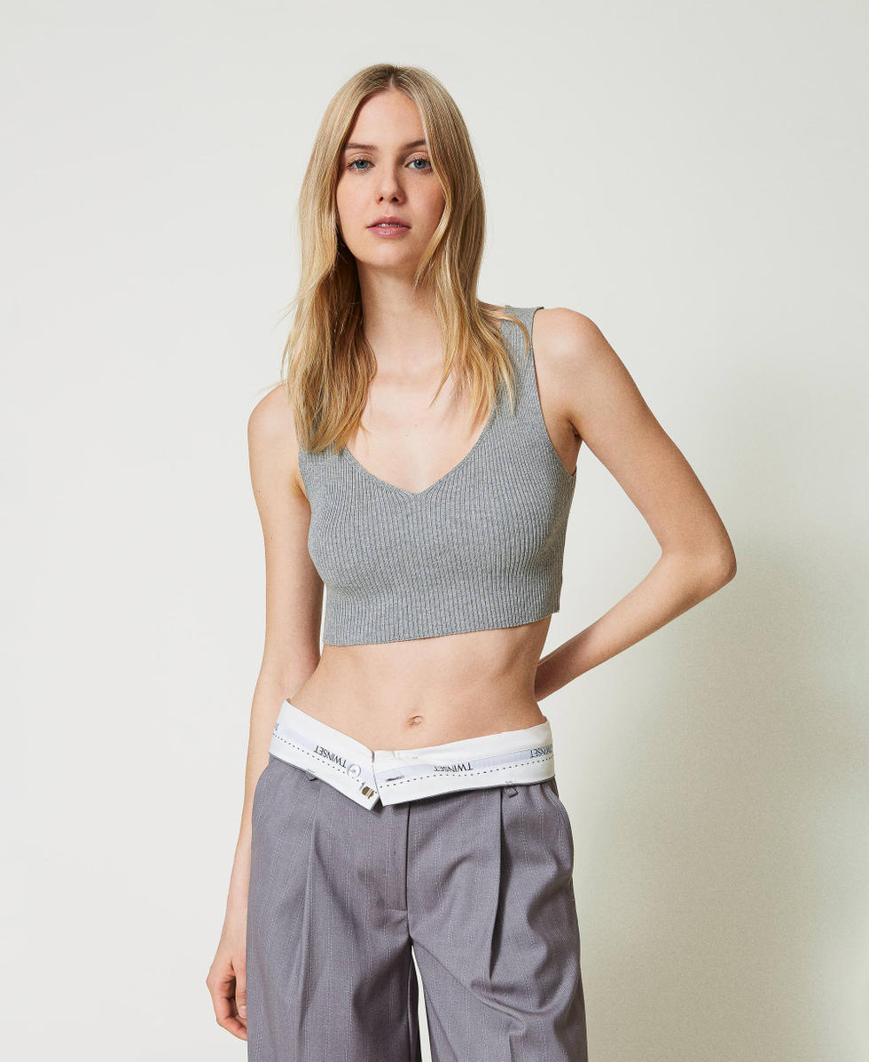Top cropped en maille c&ocirc;tel&eacute;e Gris Chin&eacute; Fonc&eacute; Femme 242TP3524_11759_02