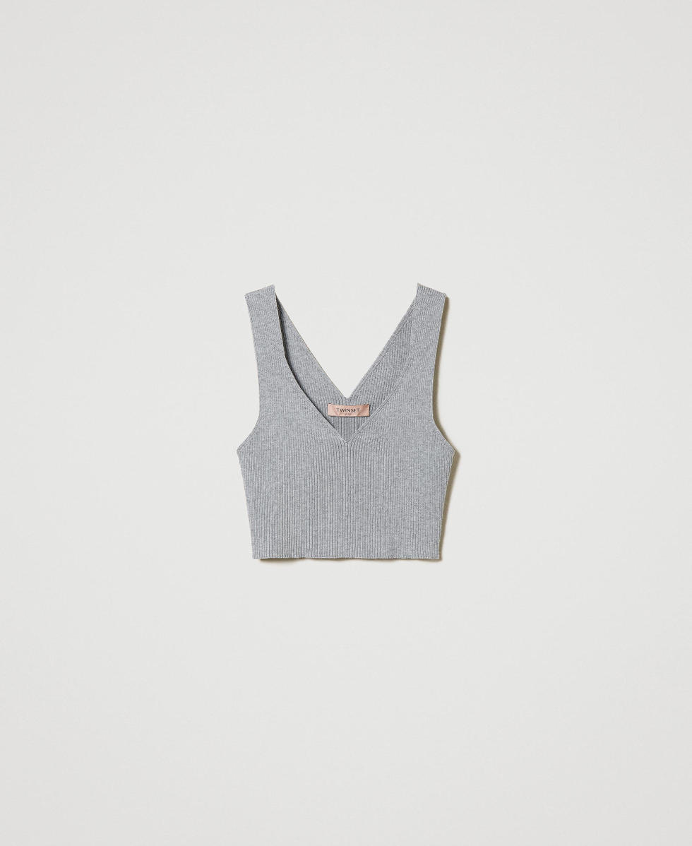 Ribbed knit cropped top Woman, Grey | TWINSET Milano