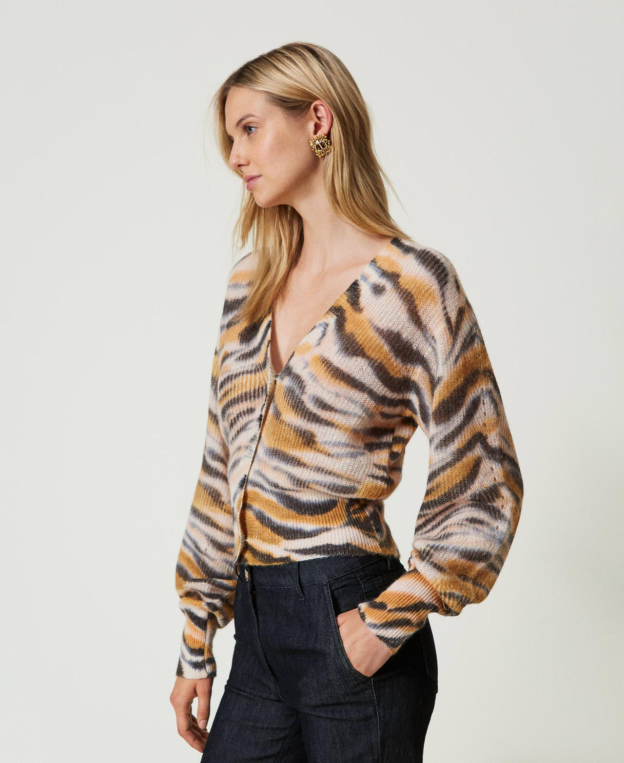 Wool and alpaca dual-use cardigan Tennè Orange / Black Tiger Print Woman 242TP3633-02