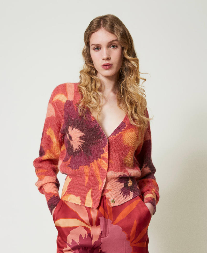 Cardigan double usage en laine et alpaga Grandes Fleurs Rouge/Red Plum Femme 242TP3633_11916_01