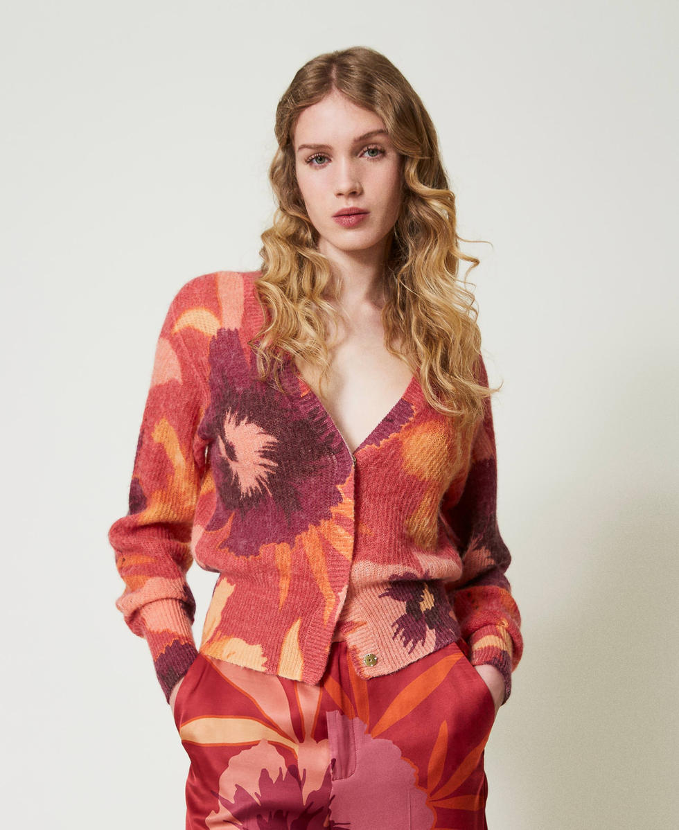 Wool and alpaca dual-use cardigan Red / Red Plum Macro Flowers Woman 242TP3633_11916_01