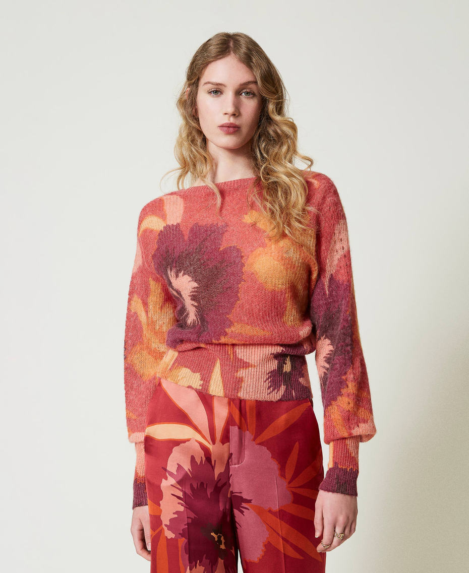 Cardigan double usage en laine et alpaga Grandes Fleurs Rouge/Red Plum Femme 242TP3633_11916_05