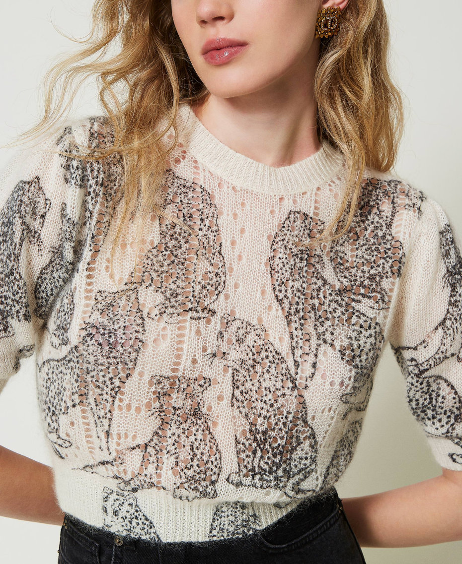 Pull cropped en mélange de laine et mohair Imprimé Jaguars Noir/Blanc Neige Femme 242TP3634_11746_01