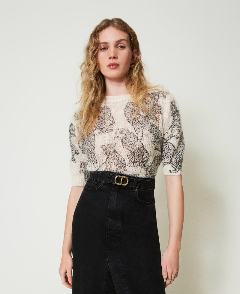 Pull cropped en mélange de laine et mohair Imprimé Jaguars Noir/Blanc Neige Femme 242TP3634_11746_02