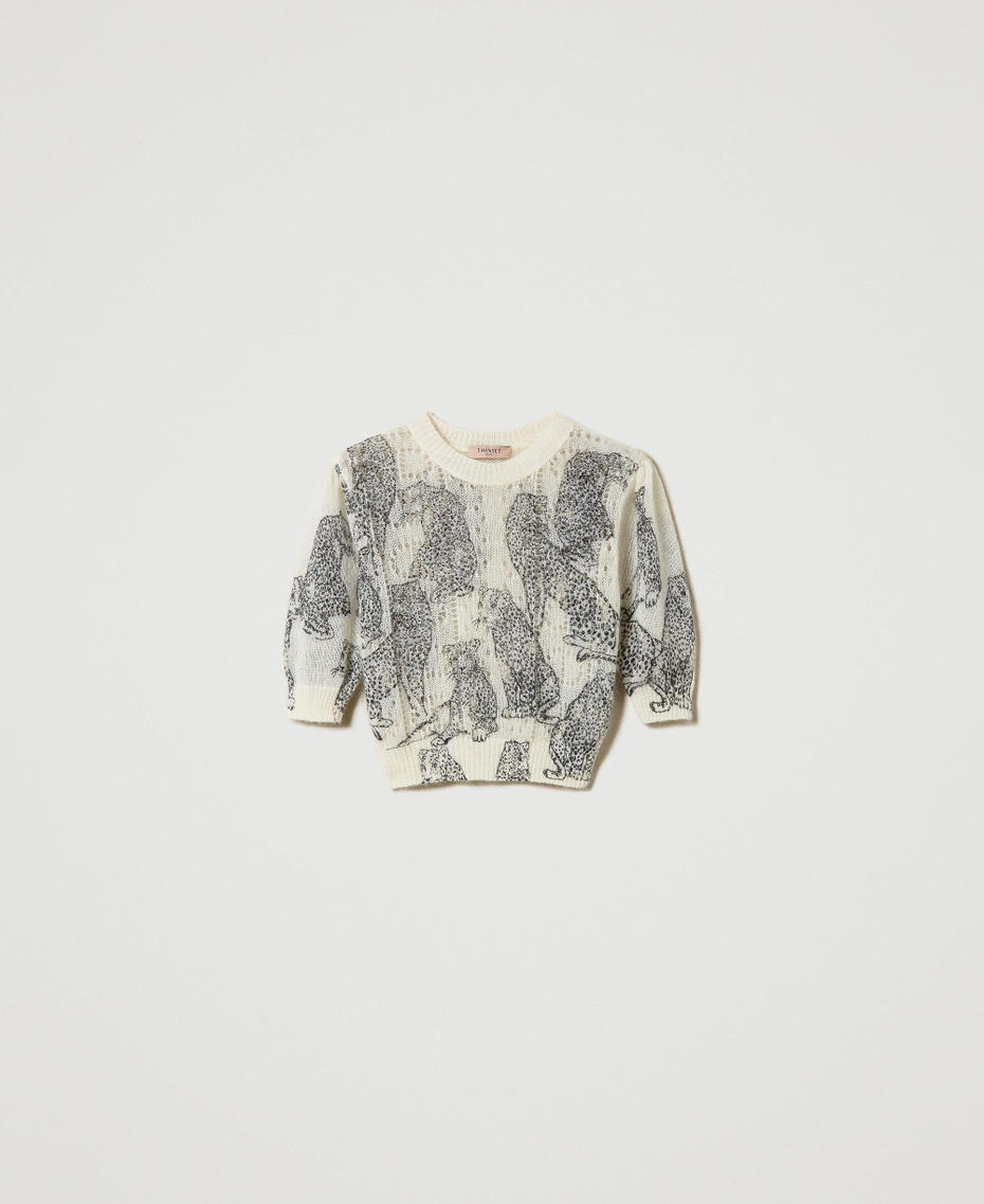 Pull cropped en mélange de laine et mohair Imprimé Jaguars Noir/Blanc Neige Femme 242TP3634_11746_S0