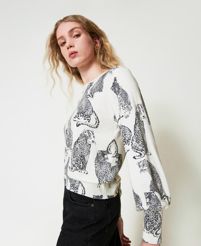 Jumper with jaguar print Black / Snow White Jaguar Print Woman 242TP3635_11746_01