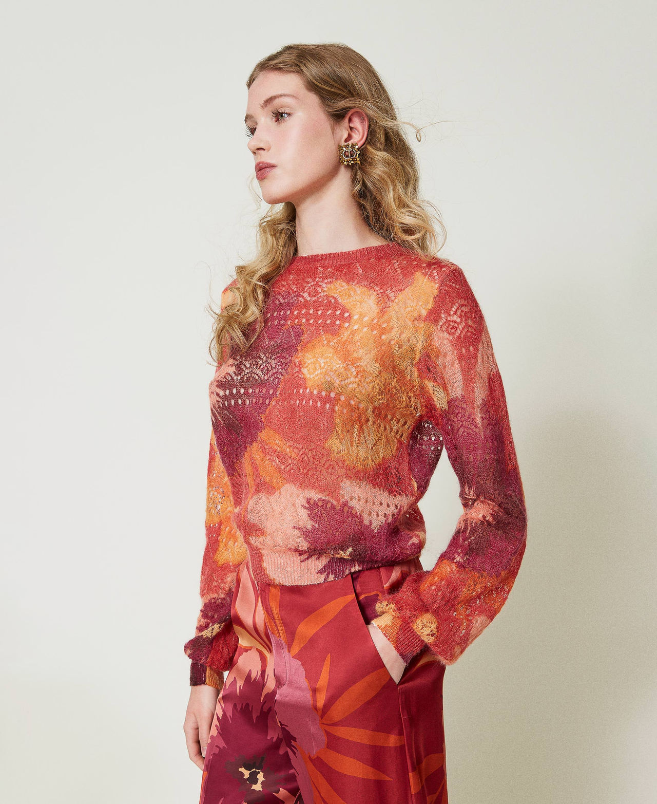 Wool and mohair blend jumper Red / Red Plum Macro Flowers Woman 242TP3650_11916_03