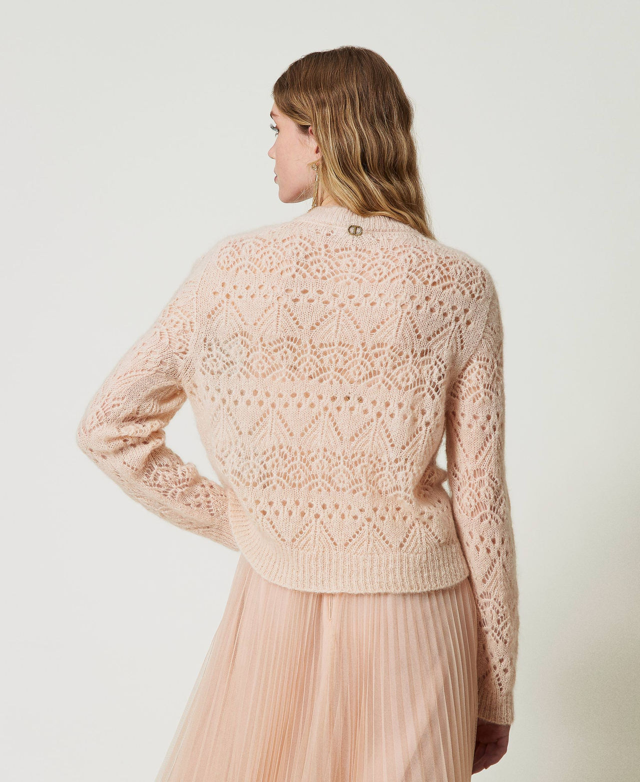Pull en mohair m&eacute;lang&eacute; avec diff&eacute;rents points Rose &laquo;&nbsp;Peach Pink&nbsp;&raquo; Femme 242TP3690_11750_03