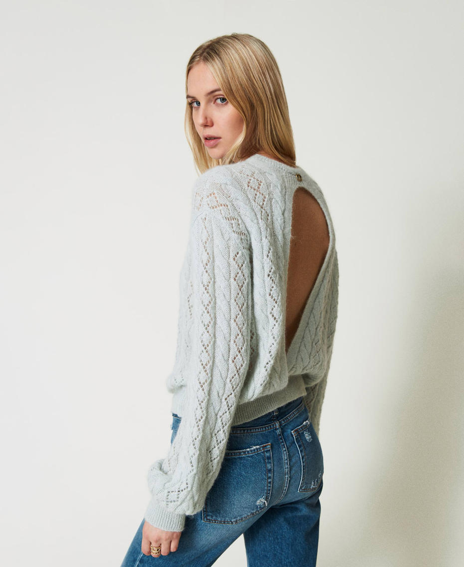 Pull en mohair m&eacute;lang&eacute; avec torsades et ajour Bleu clair Ciel Femme 242TP3691_00472_01