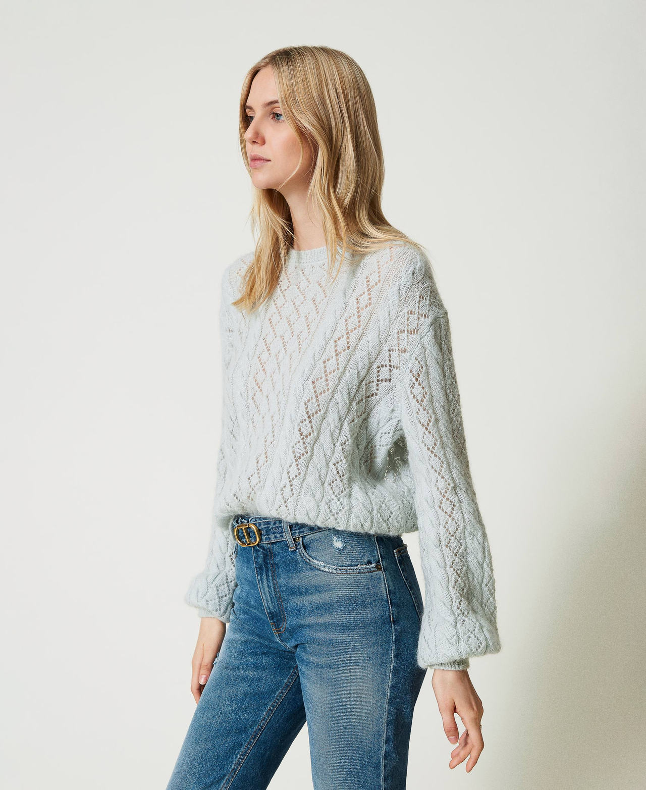 Pull en mohair m&eacute;lang&eacute; avec torsades et ajour Bleu clair Ciel Femme 242TP3691_00472_03