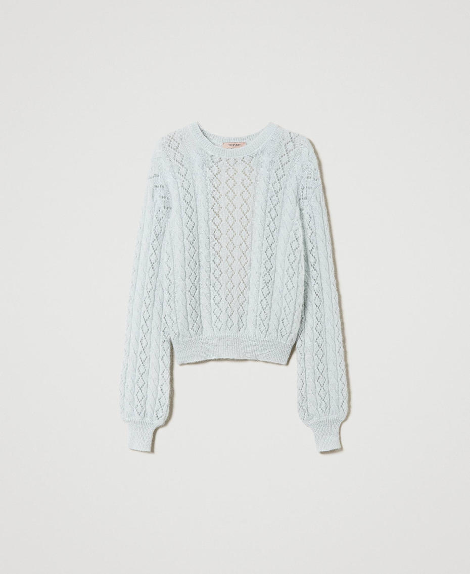 Pull en mohair m&eacute;lang&eacute; avec torsades et ajour Bleu clair Ciel Femme 242TP3691_00472_S0
