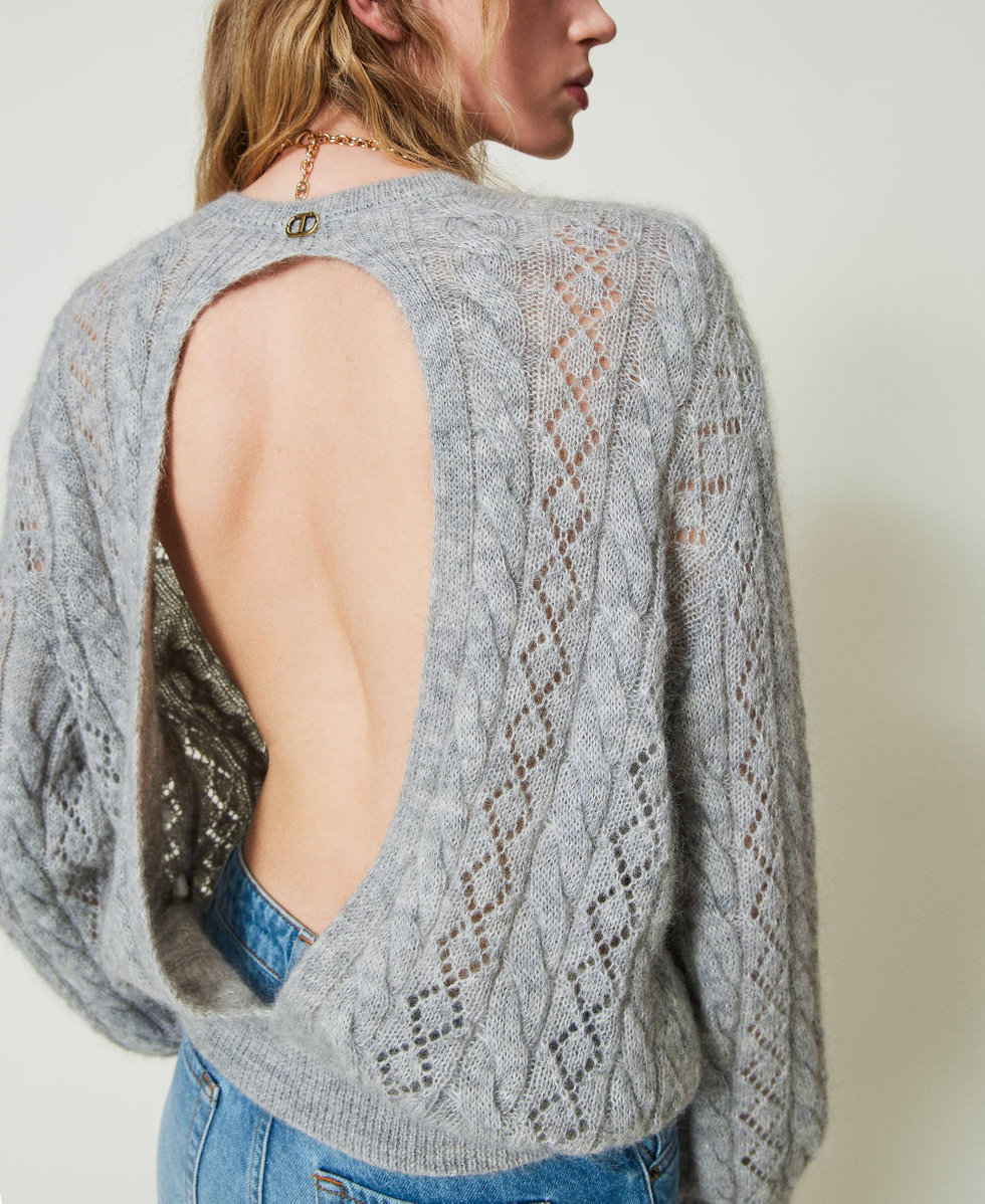 Pull en mohair mélangé avec torsades et ajour Gris moyen chiné Femme 242TP3691_0082M_01