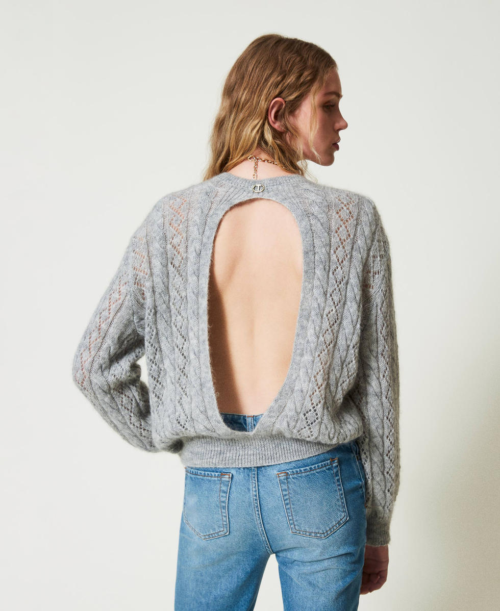 Pull en mohair mélangé avec torsades et ajour Gris moyen chiné Femme 242TP3691_0082M_04