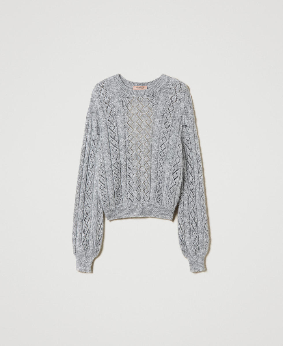 Pull en mohair mélangé avec torsades et ajour Gris moyen chiné Femme 242TP3691_0082M_S0