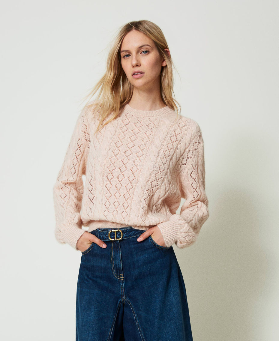 Mohair blend jumper with cable knit and opening Peach Pink Woman 242TP3691_11750_01