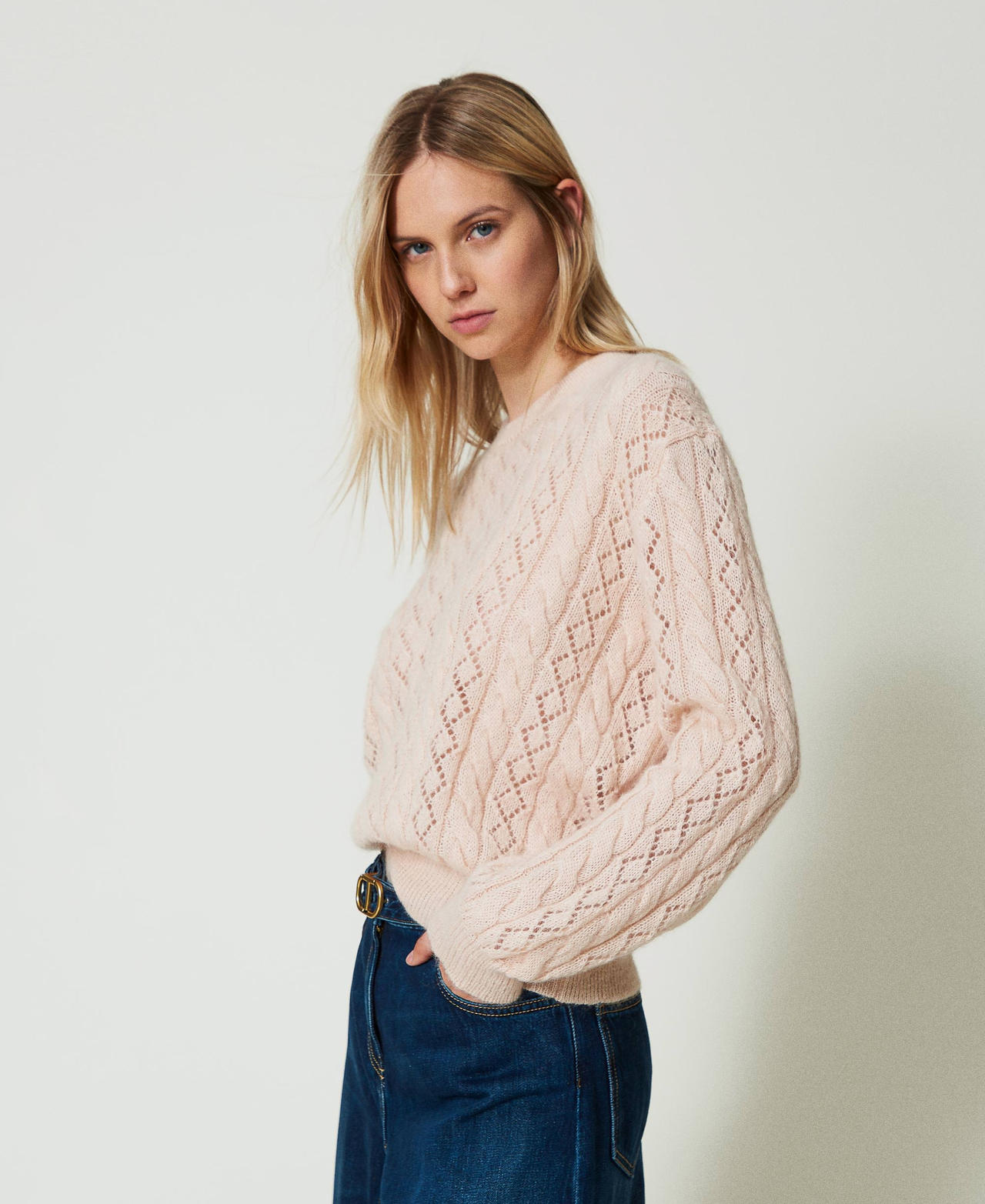 Mohair blend jumper with cable knit and opening Peach Pink Woman 242TP3691_11750_02