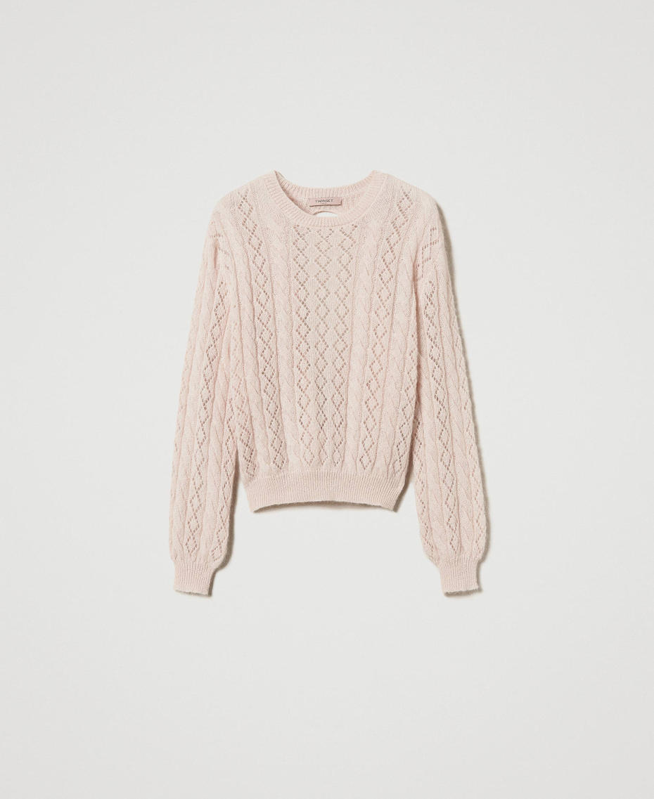 Mohair blend jumper with cable knit and opening Peach Pink Woman 242TP3691_11750_S0