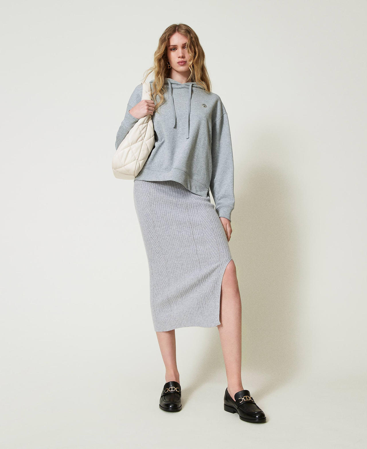 Wool and lurex blend midi knit skirt Woman, Grey | TWINSET
