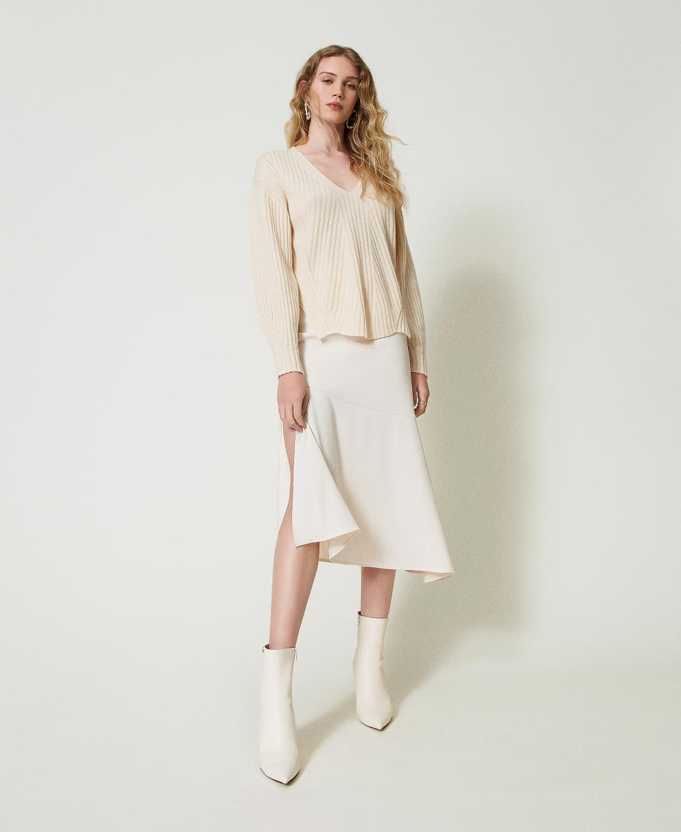 Pull en laine et cachemire avec finition c&ocirc;tel&eacute;e Blanc Neige Femme 242TP3716_00282_01