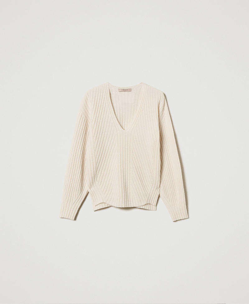 Pull en laine et cachemire avec finition côtelée Blanc Neige Femme 242TP3716_00282_S0