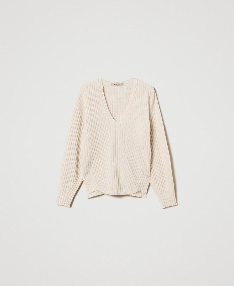 Pull en laine et cachemire avec finition c&ocirc;tel&eacute;e Blanc Neige Femme 242TP3716_00282_S0