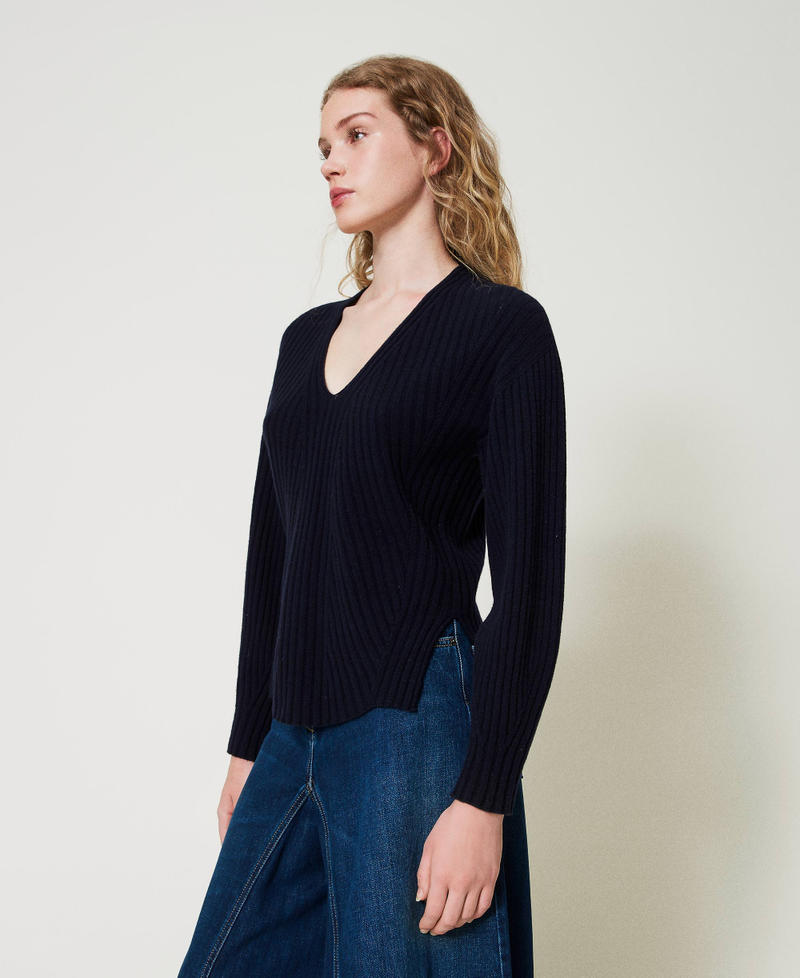 Pull en laine et cachemire avec finition côtelée Indigo Femme 242TP3716_00384_02