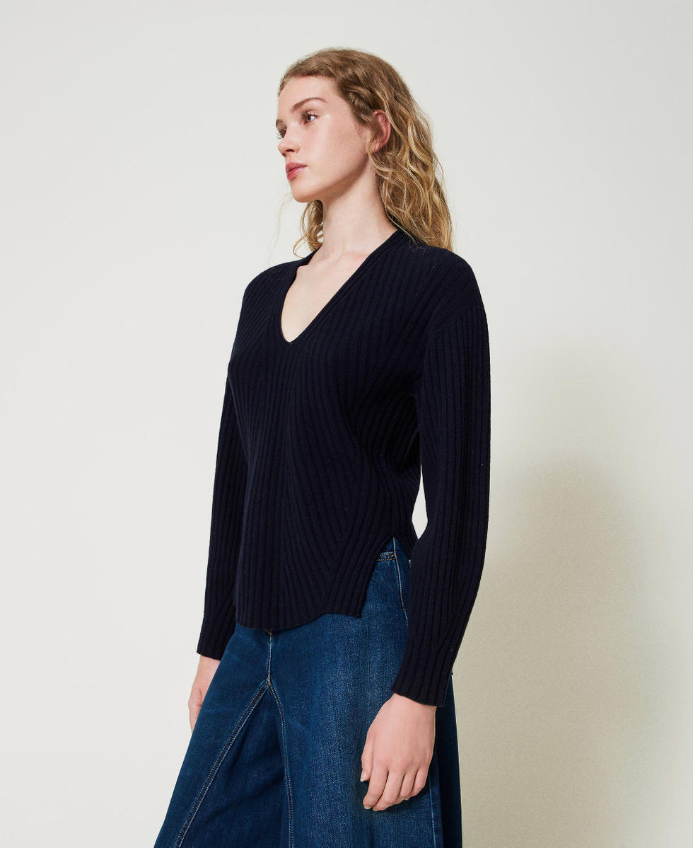 Maglia in lana e cashmere a costine Indaco Donna 242TP3716_00384_02