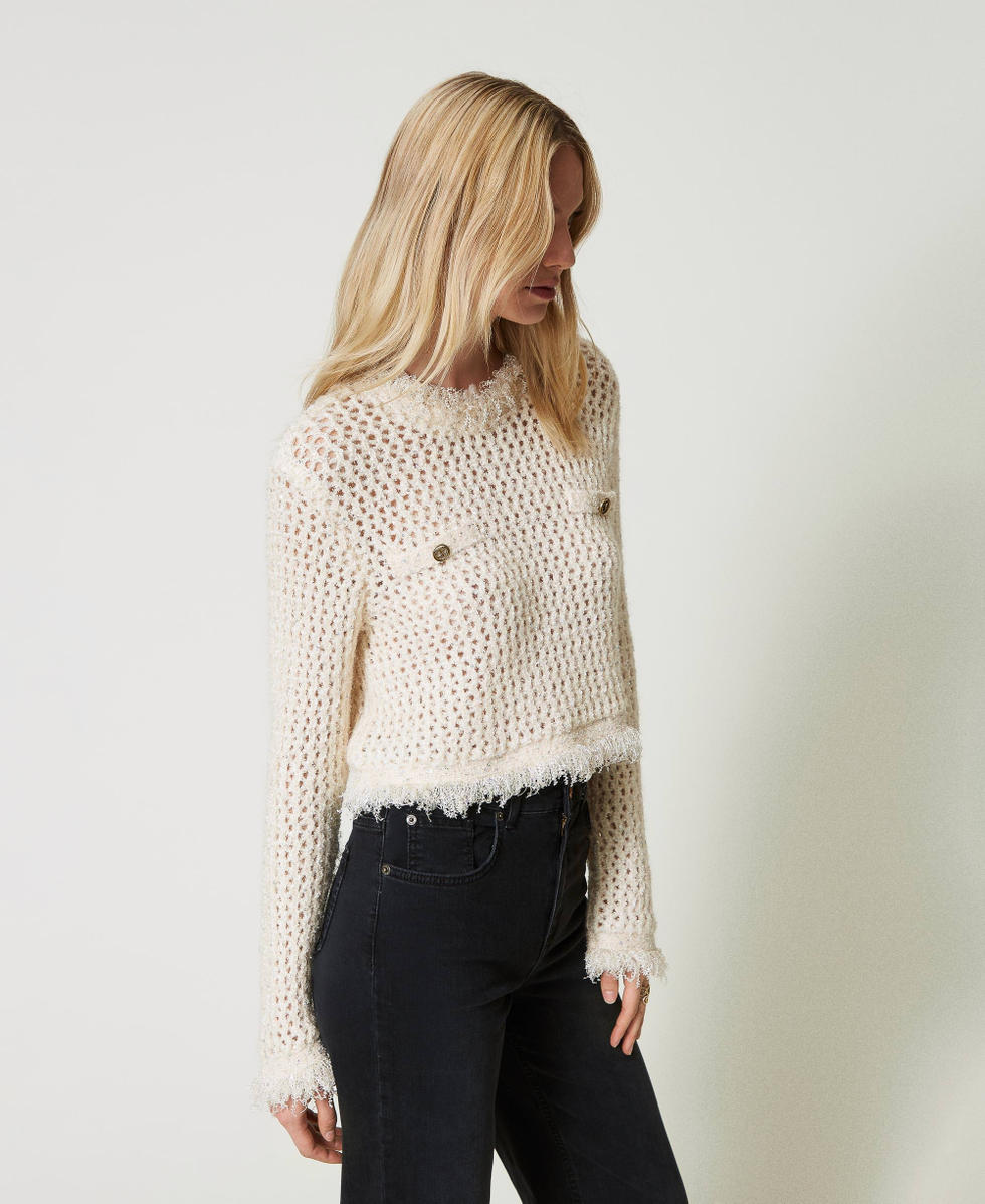 Pull jacquard point filet Blanc « Old White » Femme 242TP3770_11748_02