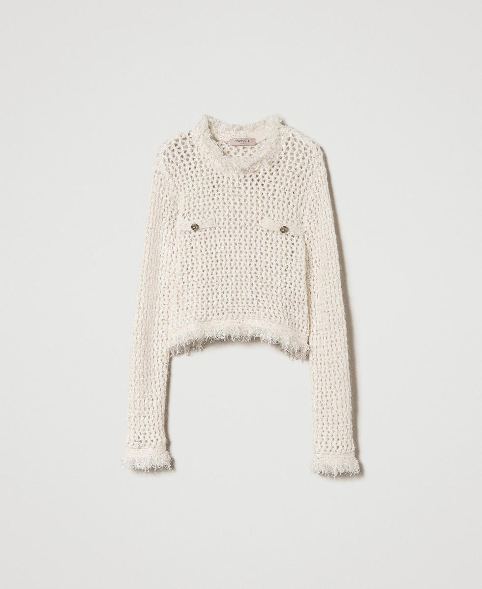 Pull jacquard point filet Blanc « Old White » Femme 242TP3770_11748_S0